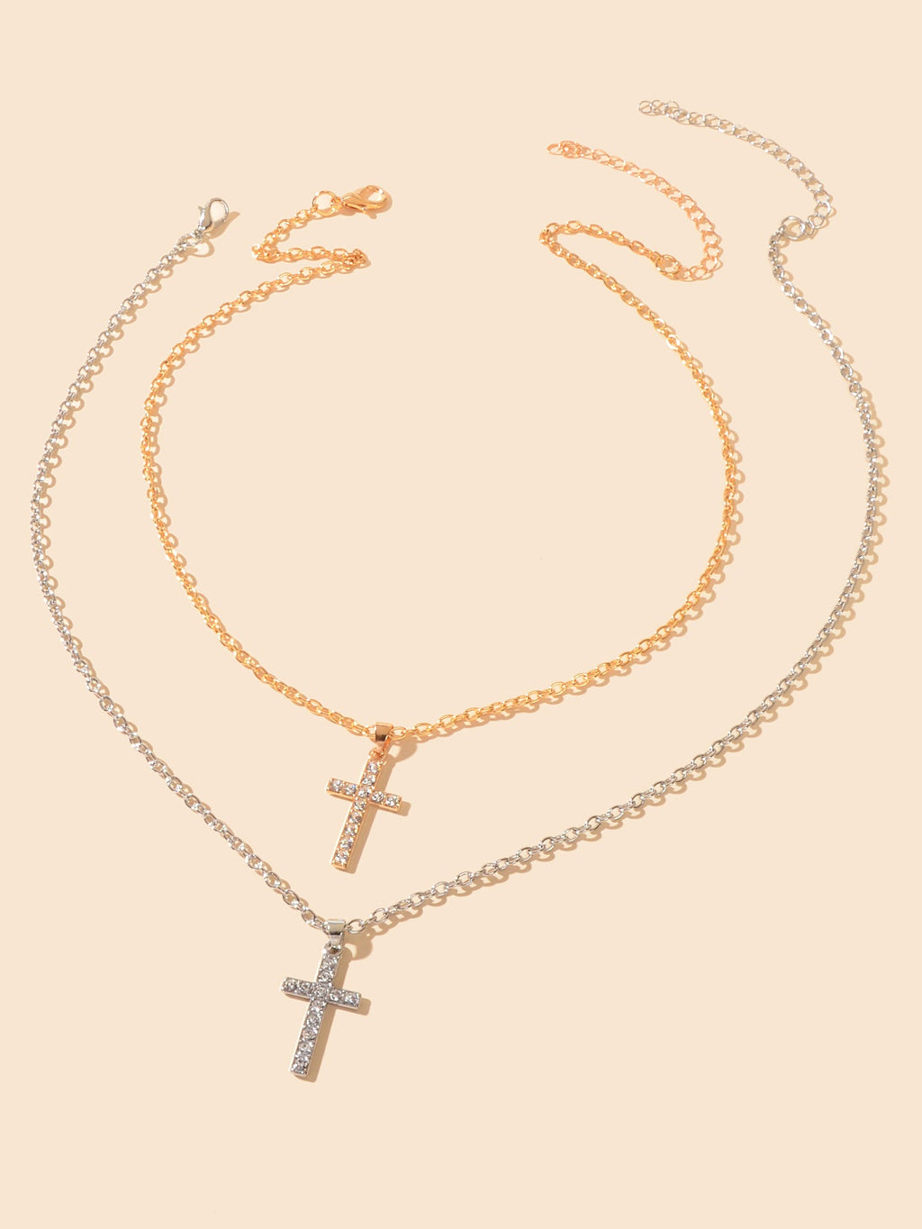 2 pcs Gold Silver Chain Rhinestone Cross Matching Necklace Lovers Couples Gift