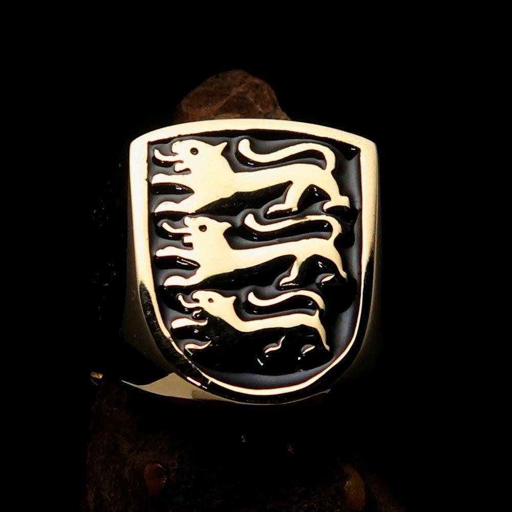 Perfectly crafted Men's Shield Ring 3 Black Lions Coat of Arms - Solid Brass-1
