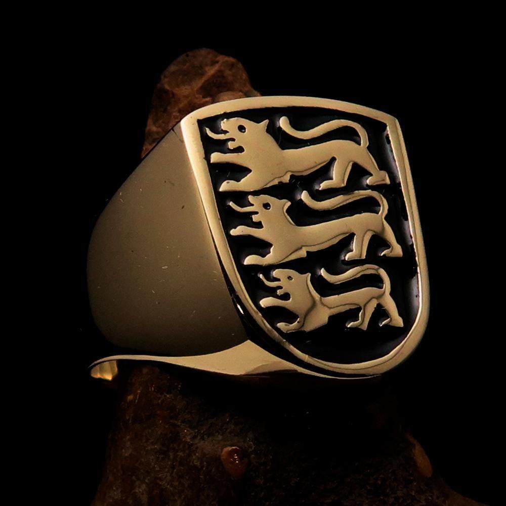 Perfectly crafted Men's Shield Ring 3 Black Lions Coat of Arms - Solid Brass-2