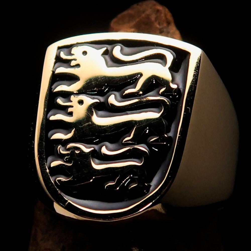 Perfectly crafted Men's Shield Ring 3 Black Lions Coat of Arms - Solid Brass-0